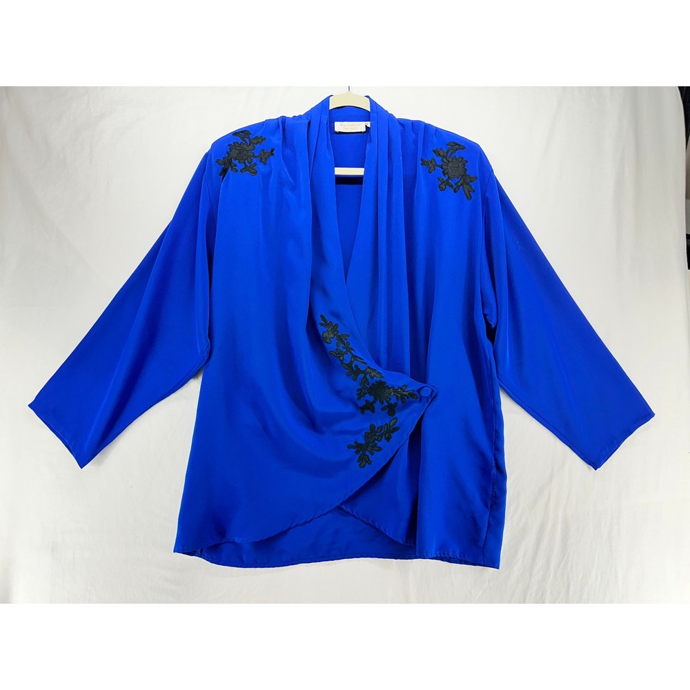 Vintage Victorias Secret Royal Blue Floral Lace Applique Wrap Blouse Medium FLAW